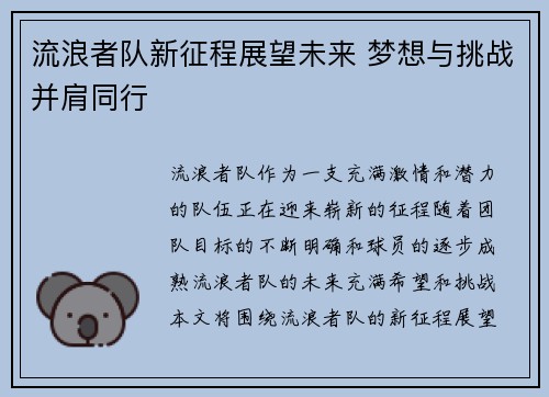 流浪者队新征程展望未来 梦想与挑战并肩同行